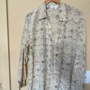 Silk Art Watercolor European Garden Beige Graphic Button-Up Shirt